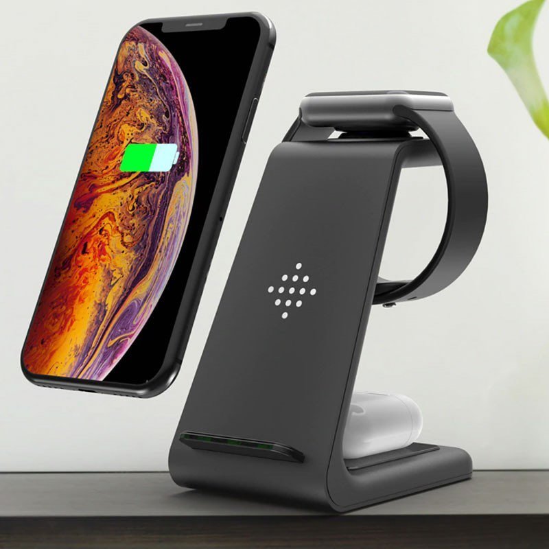 Black 3-in-1 wireless charging dock with iPhone, Apple Watch and AirPods