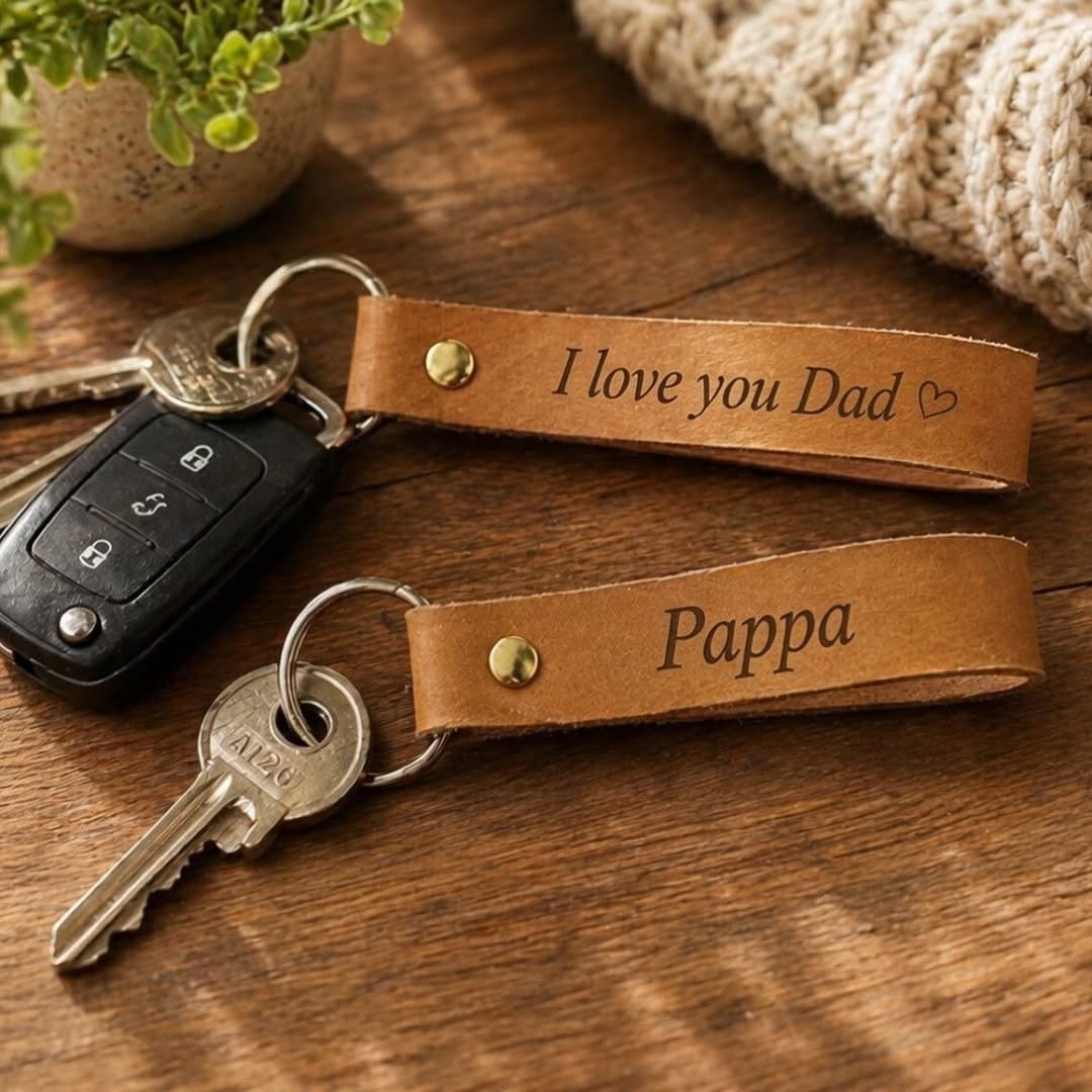 Tan leather key tags engraved with love messages on keys
