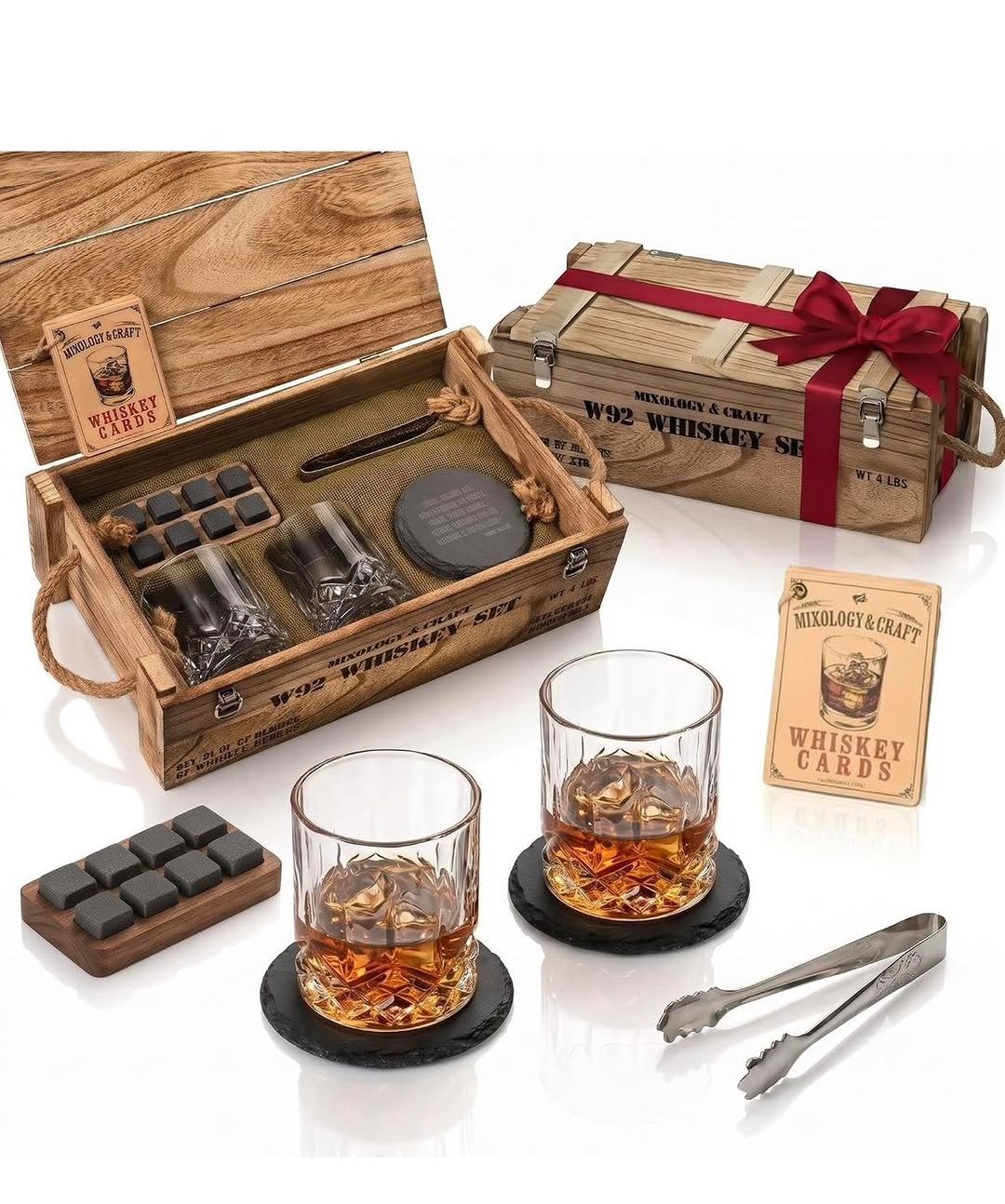 Whiskey gift set in a wooden crate with glasses and stones