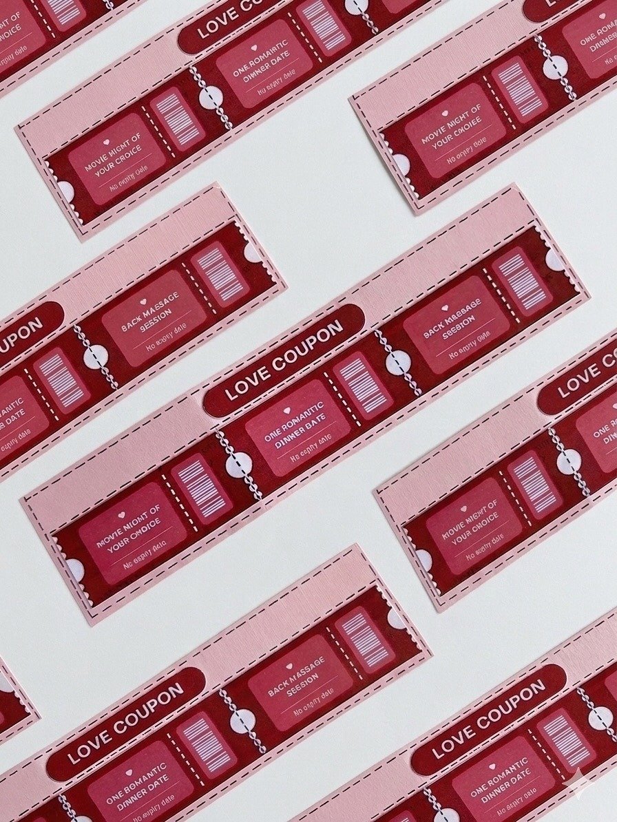 Pink and red love coupon strips on white surface