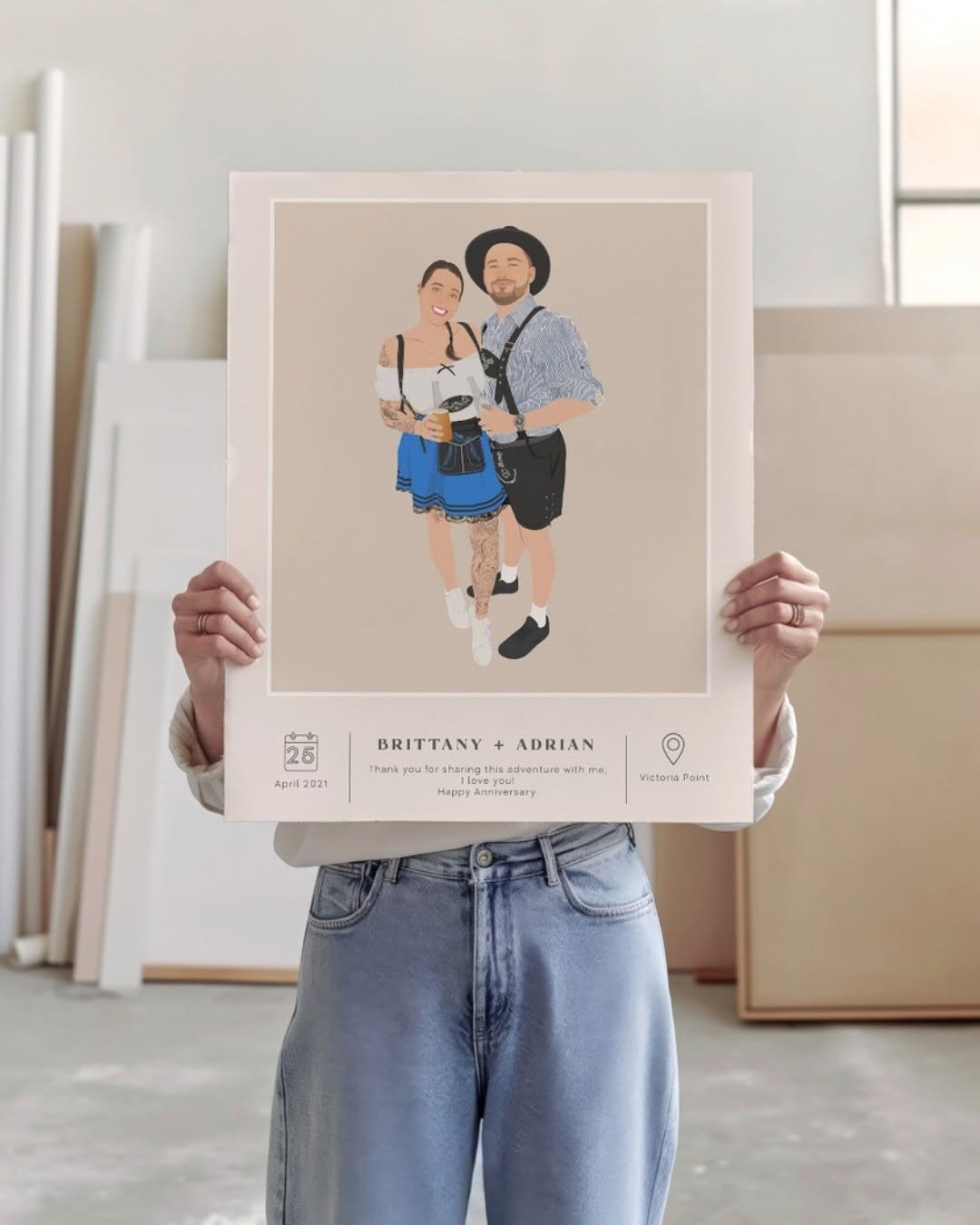Person holding custom couple portrait print