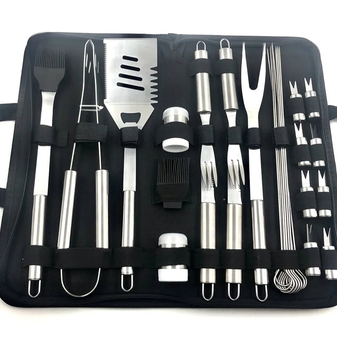 Stainless BBQ tool set in open black case