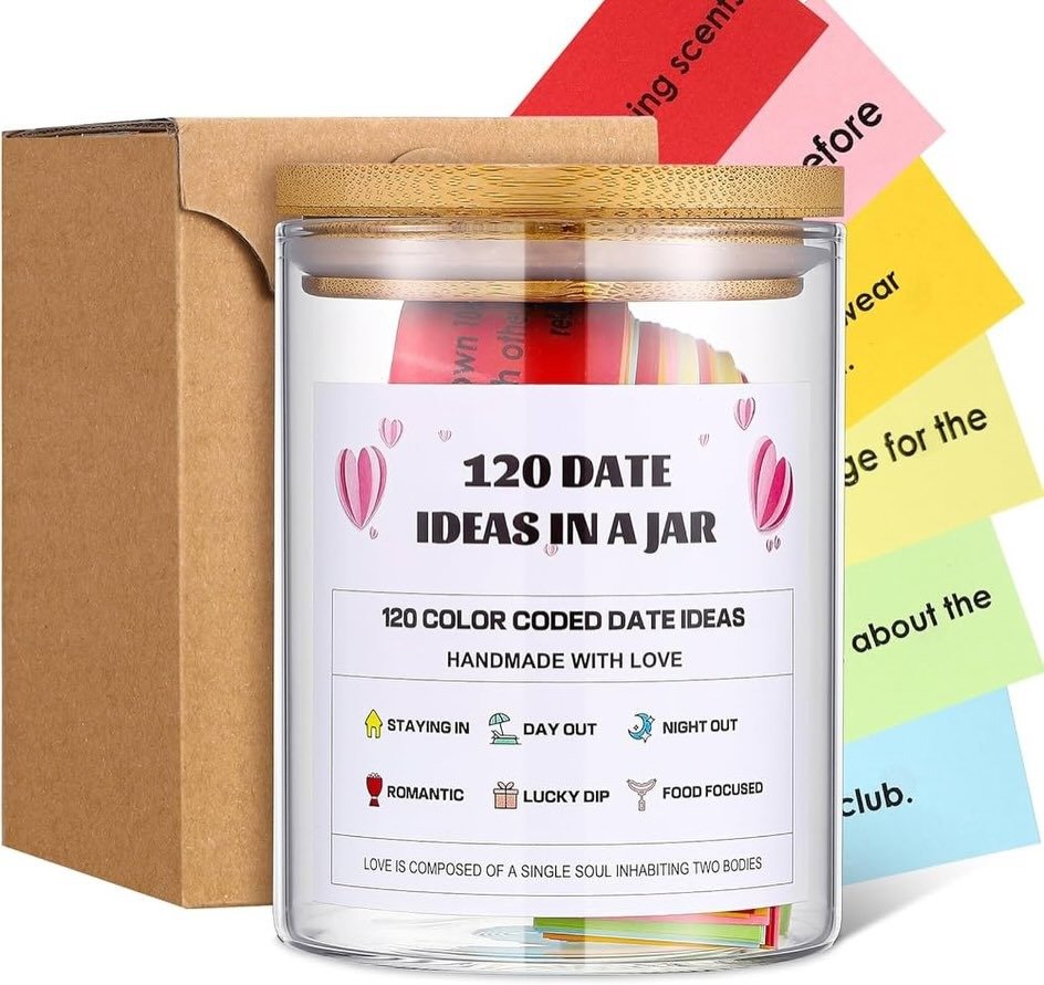 Glass jar filled with date idea cards
