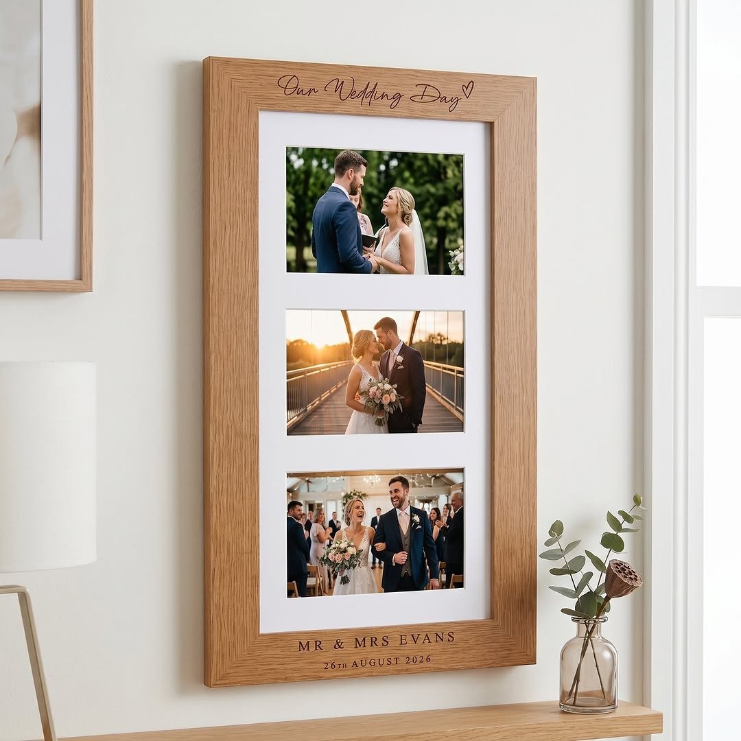 Wooden triple frame with couple wedding photos on wall