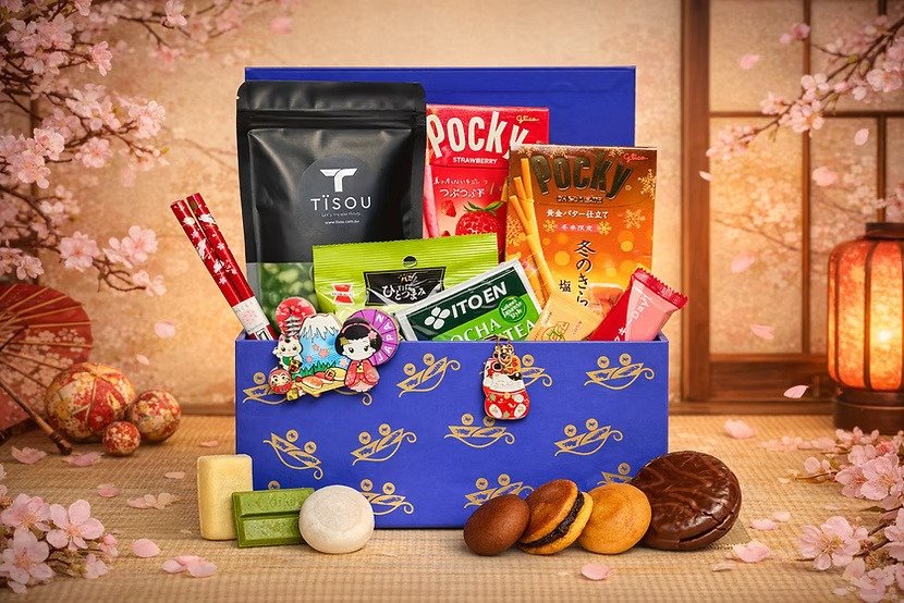 Open gift box filled with Japanese snacks and treats