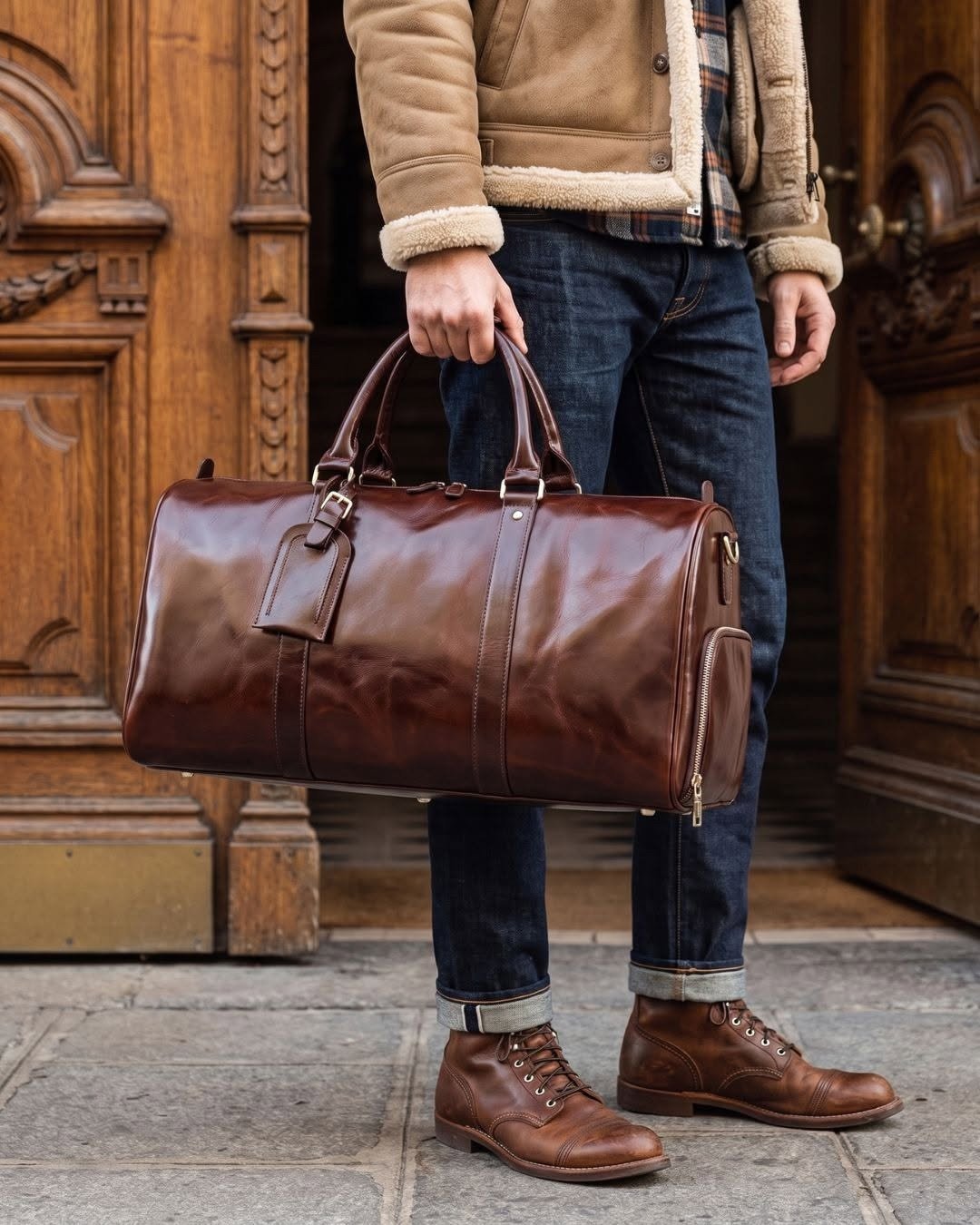 Man holding chestnut leather weekender duffel