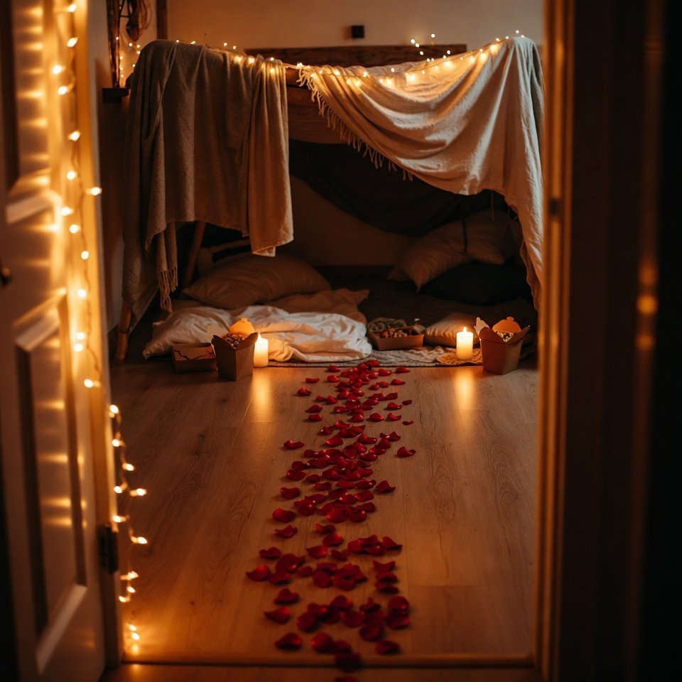 Blanket fort glowing with fairy lights, candles and a rose-petal path