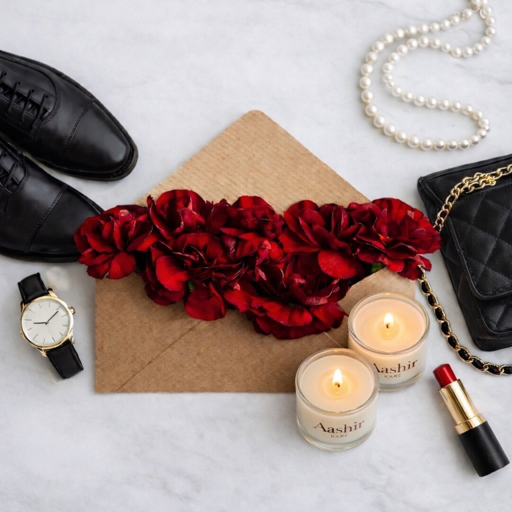 Handwritten love letters with red roses, candles and pearls