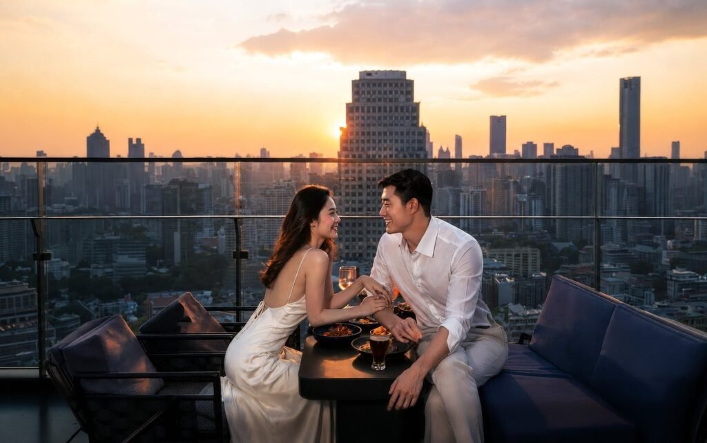 Couple talking at a rooftop table at sunset with a city skyline behind them