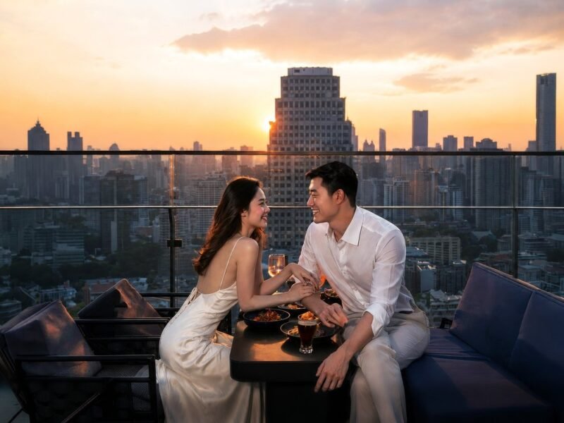 Couple talking at a rooftop table at sunset with a city skyline behind them