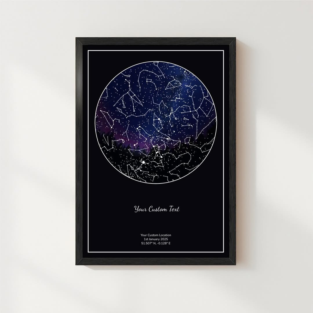 Framed star map print hanging by sofa