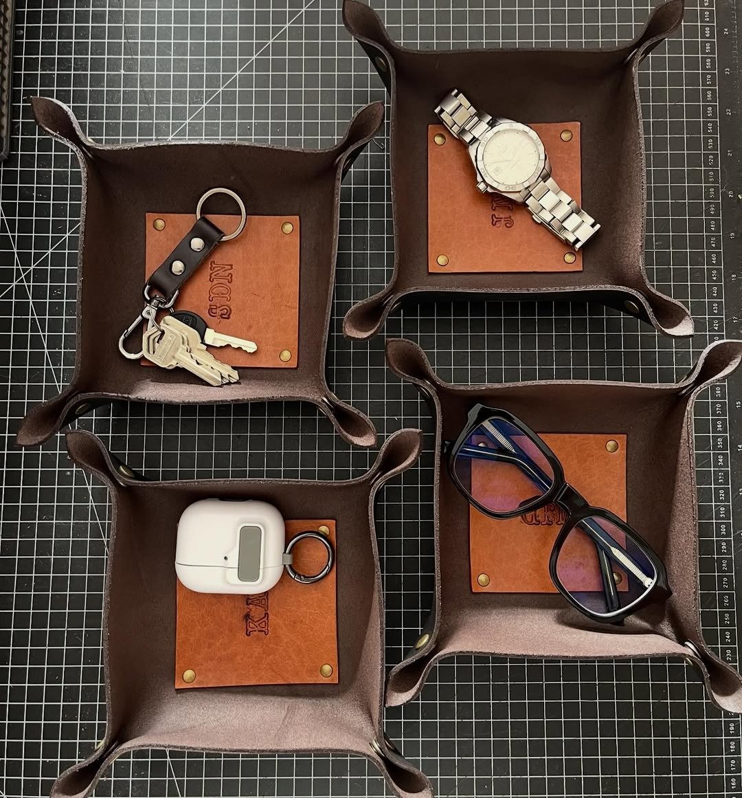 Leather valet trays with keys and watch