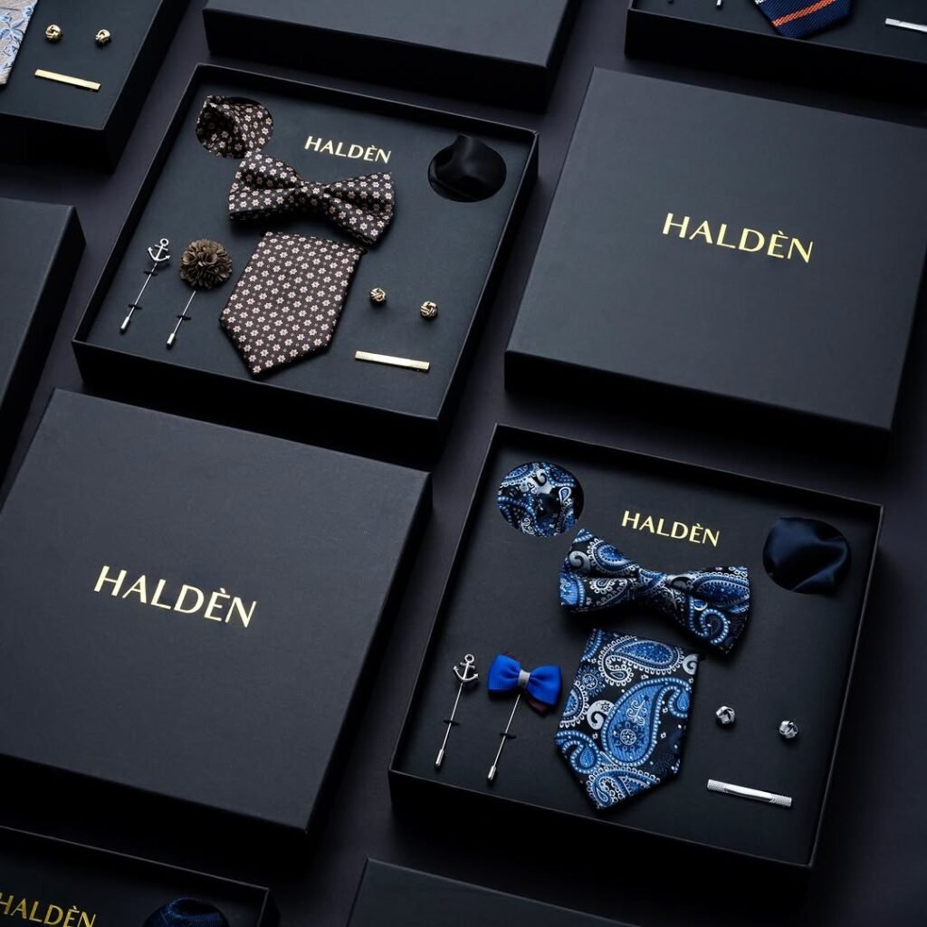 Luxury gift boxes for men flat lay with ties and cufflinks