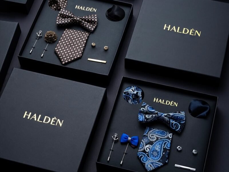 Luxury gift boxes for men flat lay with ties and cufflinks