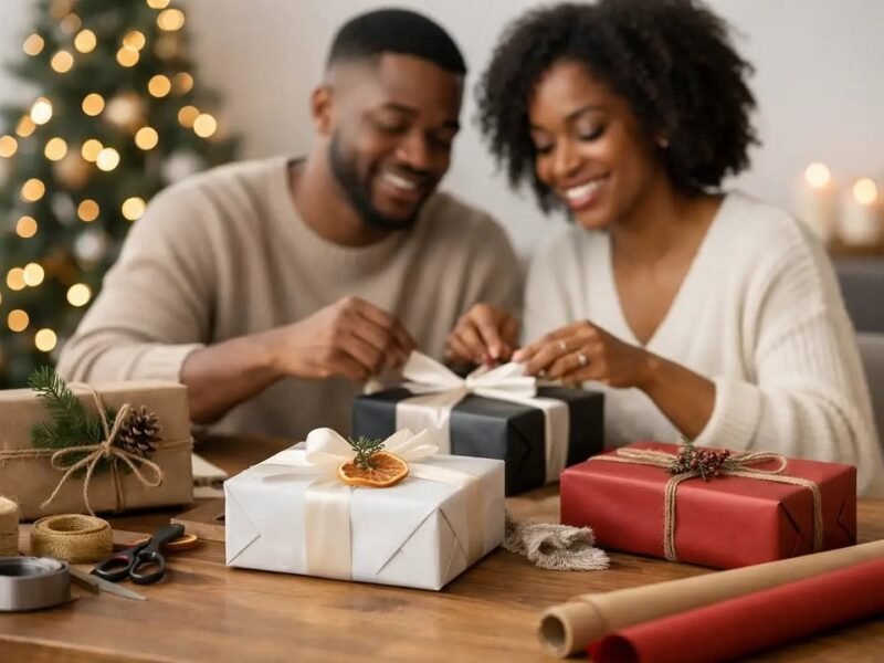 Couple tying a bow on a wrapped gift box by a Christmas tree