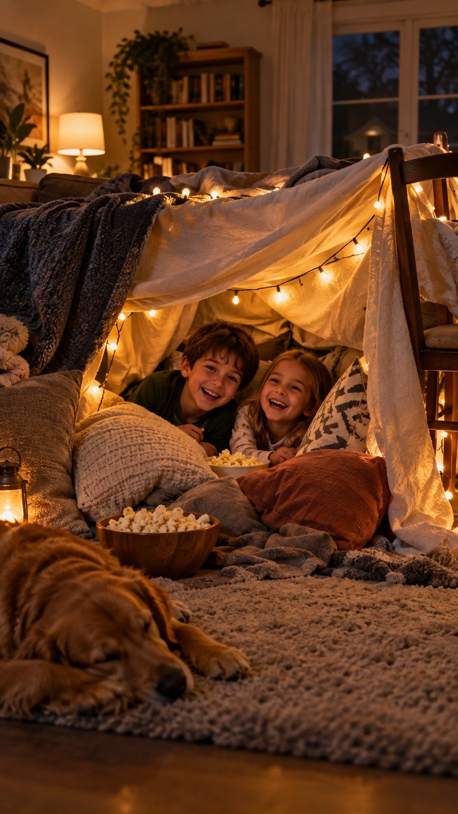 Cozy blanket fort draped with fairy lights pillows and popcorn bowls