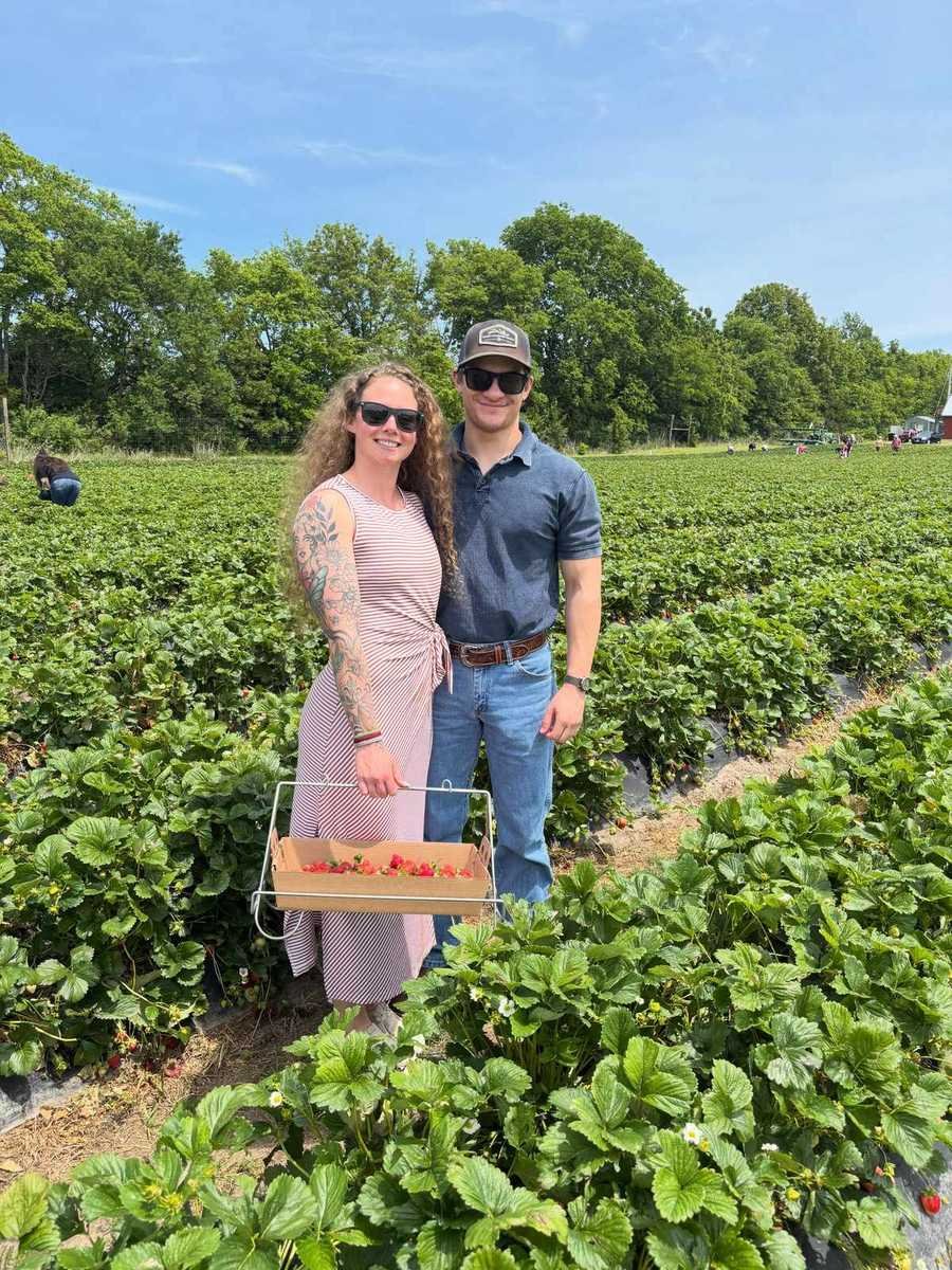 Couple in a strawberry field holding a basket of fresh berries