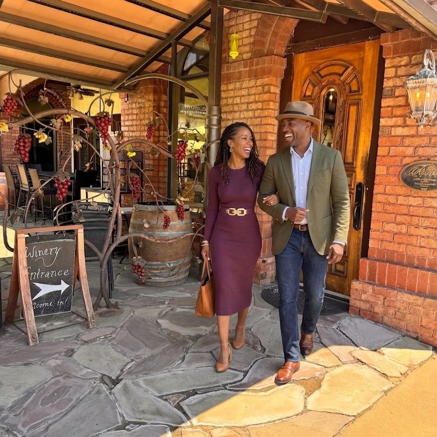 Couple walking arm-in-arm at a winery entrance