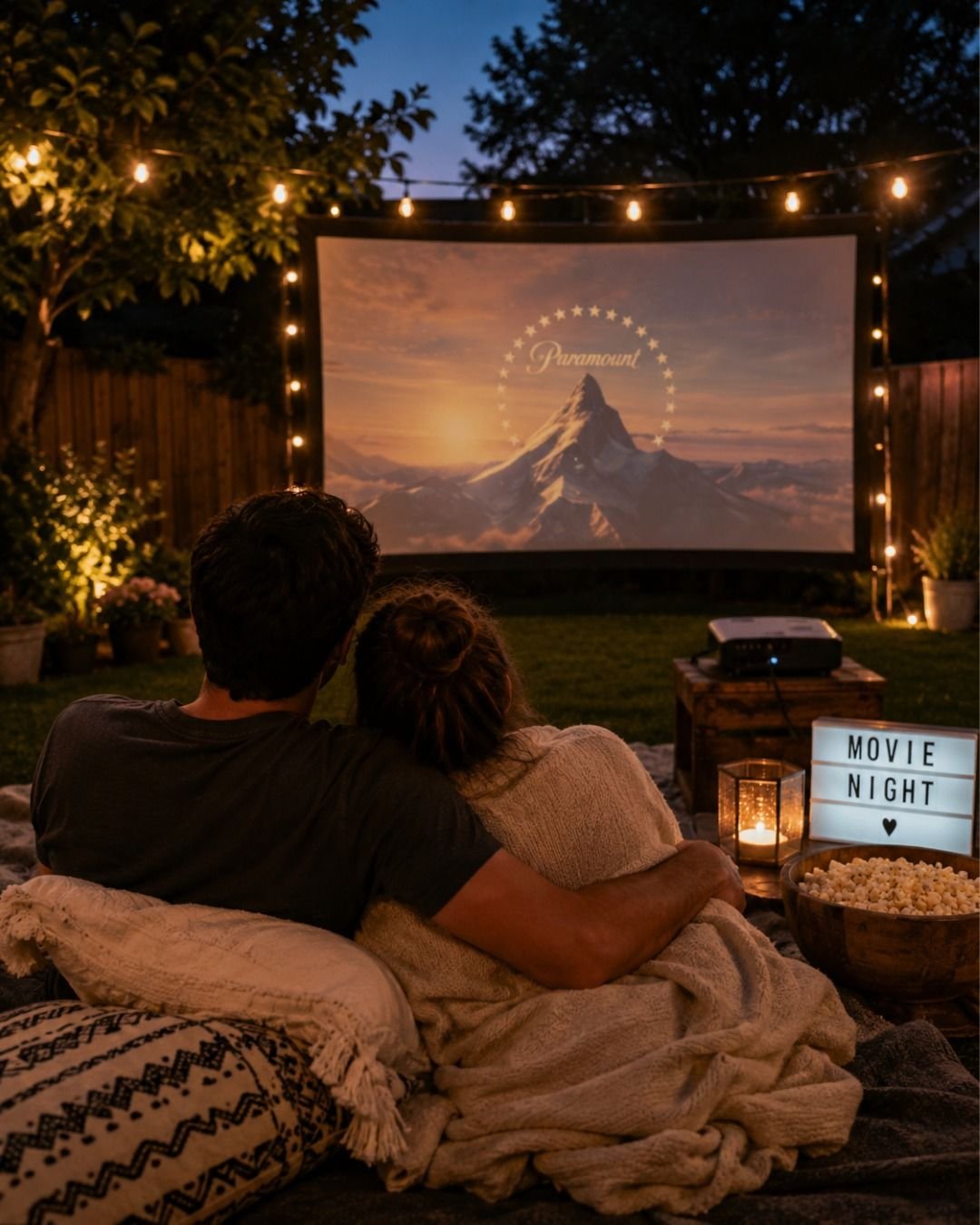 Couple cuddling under blankets watching an outdoor movie