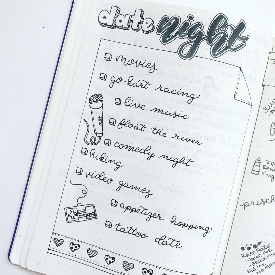 Hand-lettered bullet journal spread titled date night with a checklist