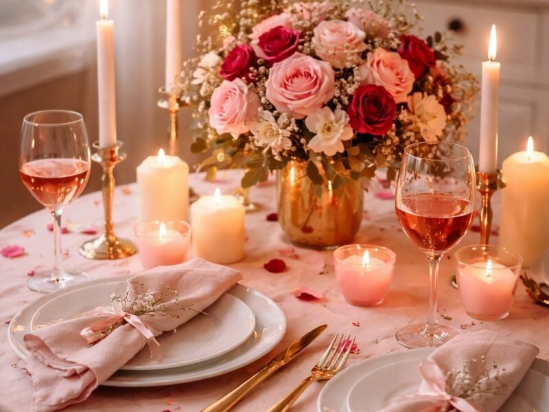 Romantic candlelit dinner table at home with pink tablecloth roses and wine glasses