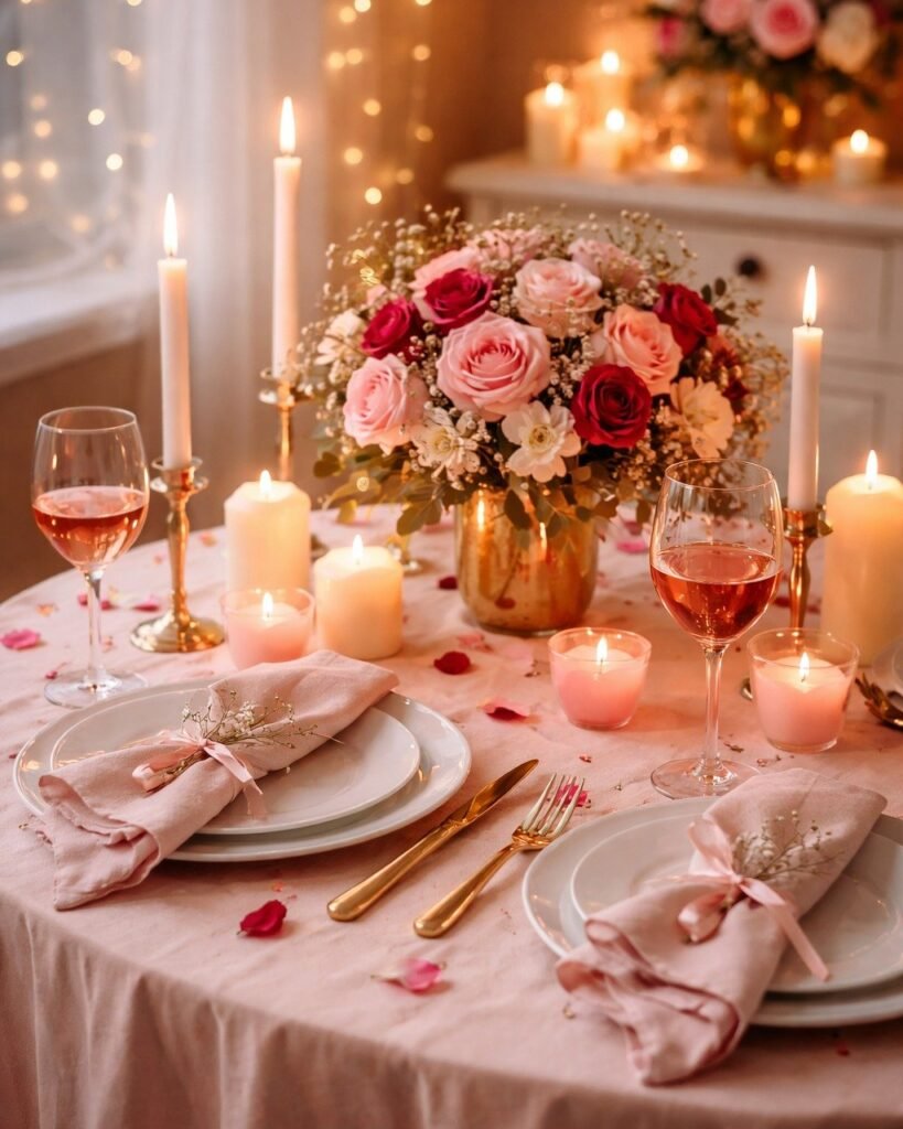 Romantic candlelit dinner table at home with pink tablecloth roses and wine glasses