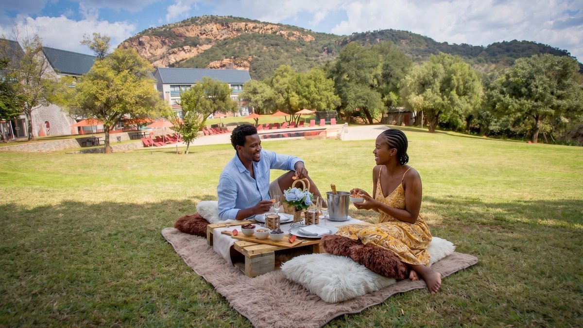 Couple sitting on a picnic blanket in a park, talking over food