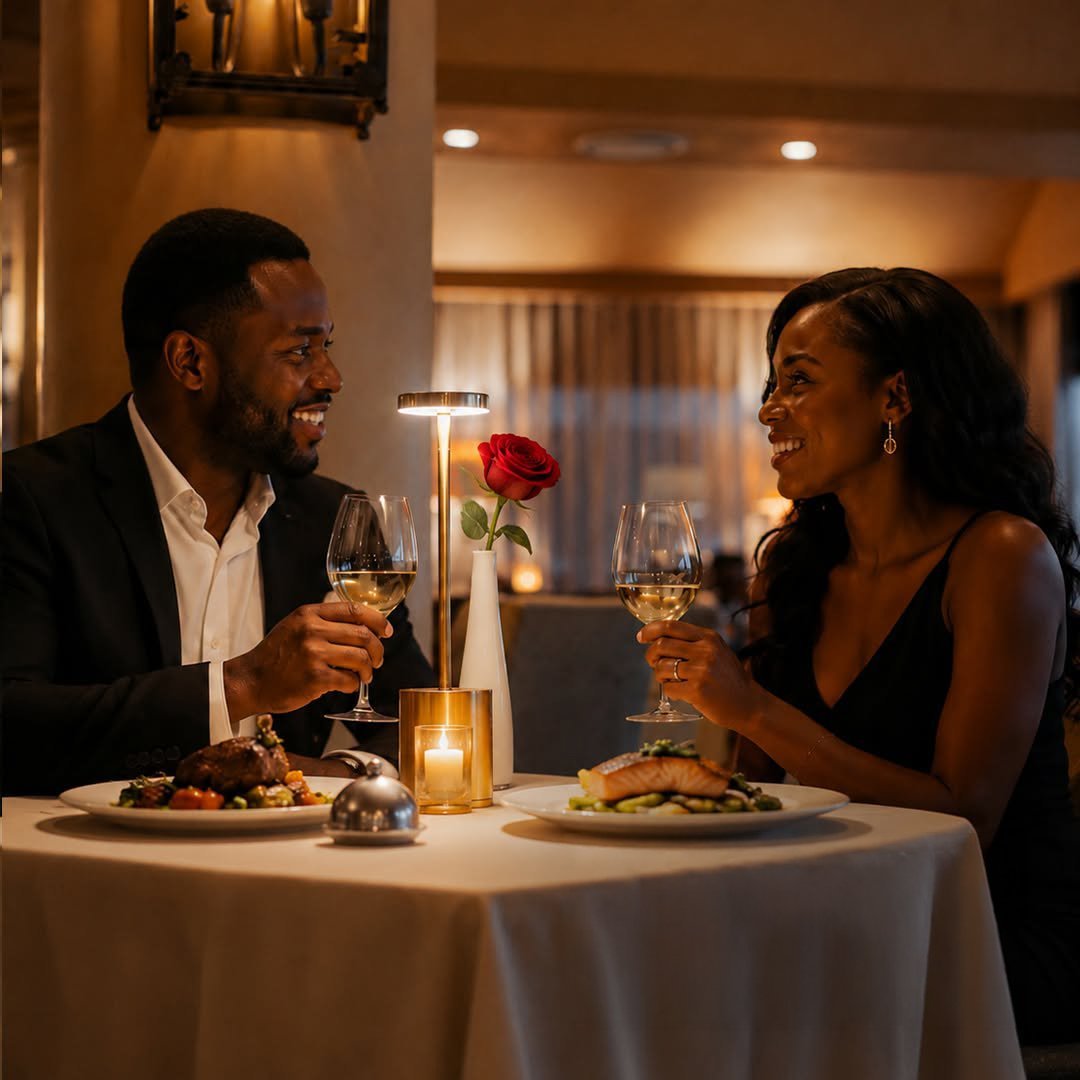 Couple on a candlelit restaurant date night with wine glasses