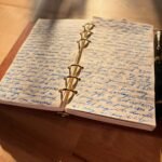 Open journal filled with handwriting on a sunlit wooden table, a fountain pen resting beside it