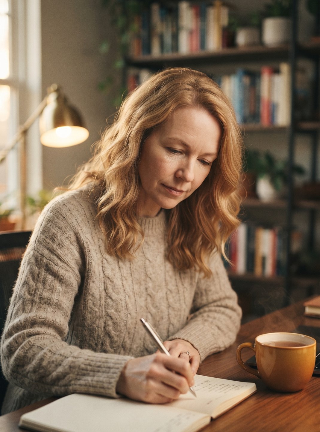 Woman writing in a notebook at a desk planning a surprise