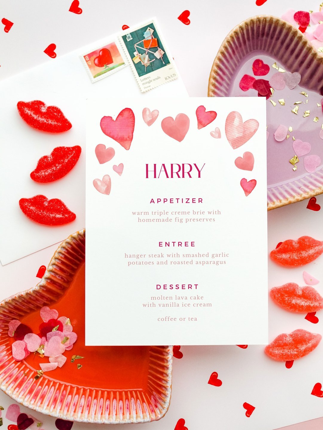 Personalized heart themed dinner menu card styled on a table