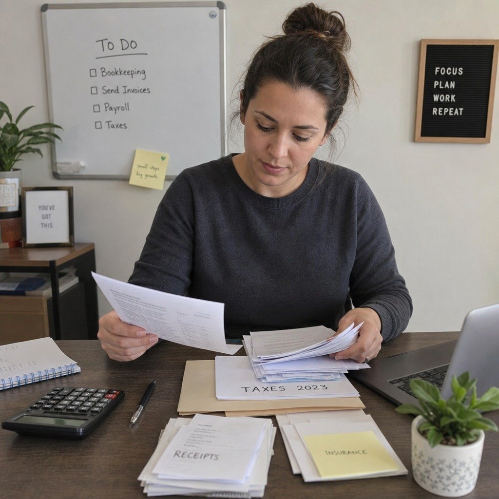 Desk with calculator, receipts and notebooks