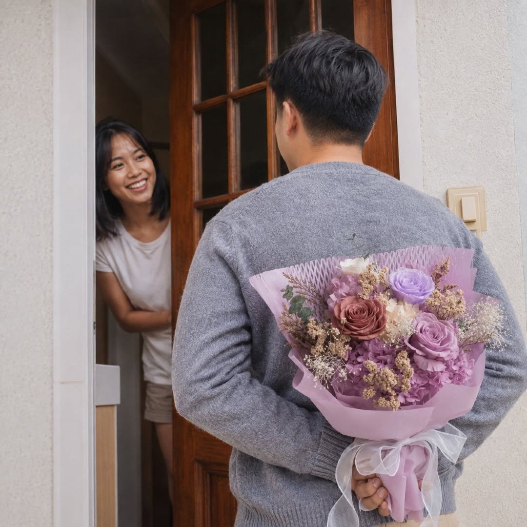 Man surprising woman with a small bouquet at the door