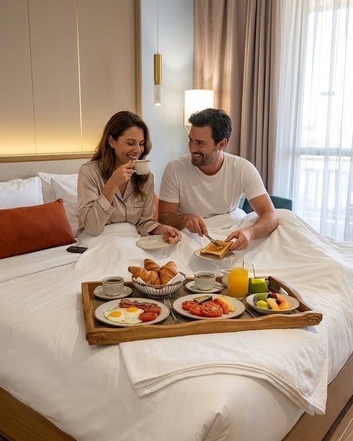 Couple laughing together over breakfast in bed
