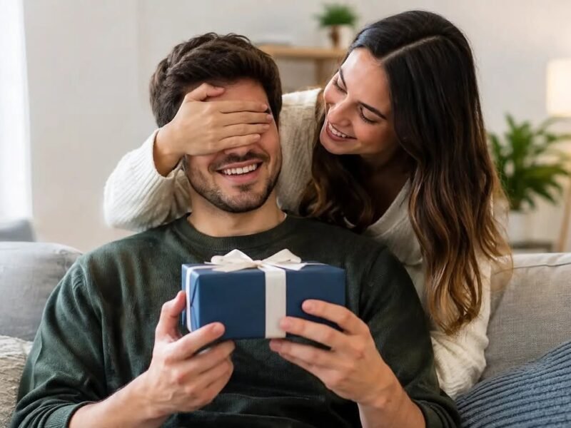 Couple on couch, woman covering man's eyes as he holds a gift box