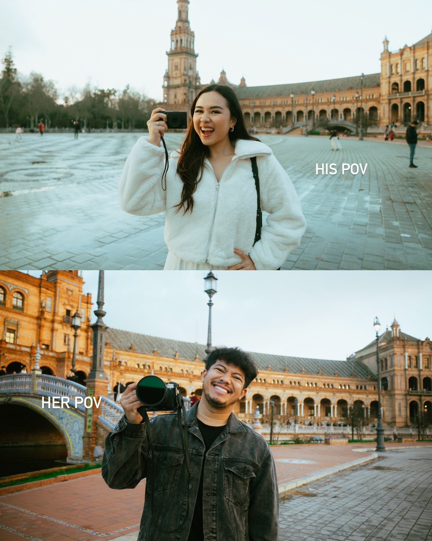 Couple exploring a historic plaza with cameras