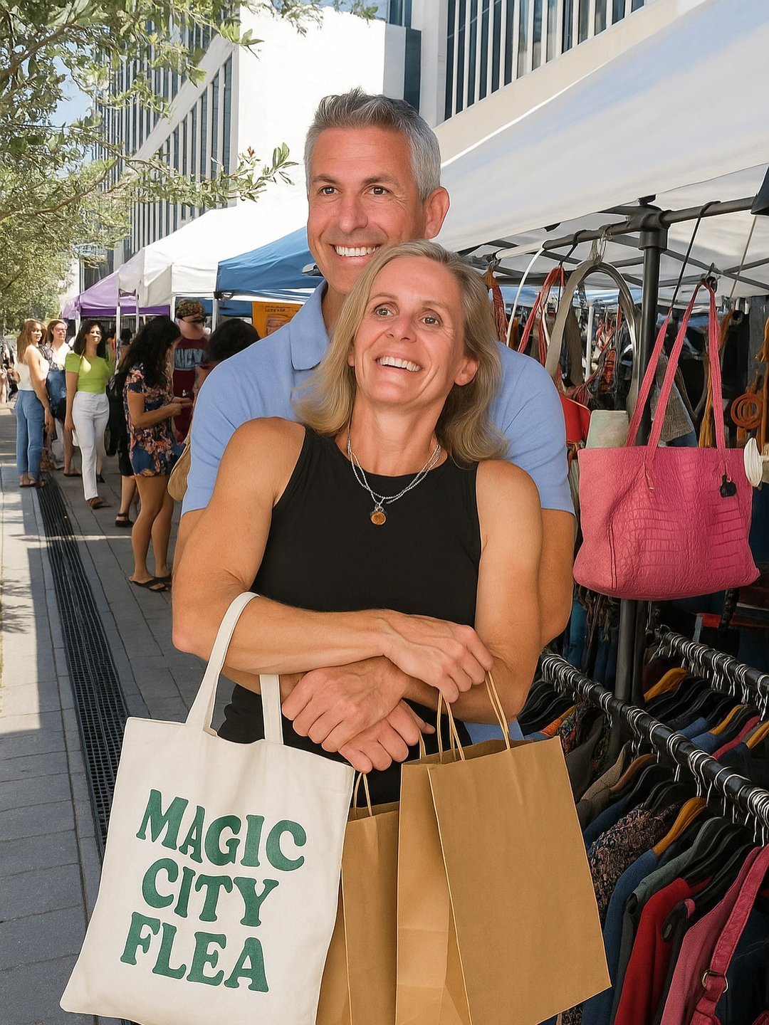 Happy couple with shopping bags at a flea market