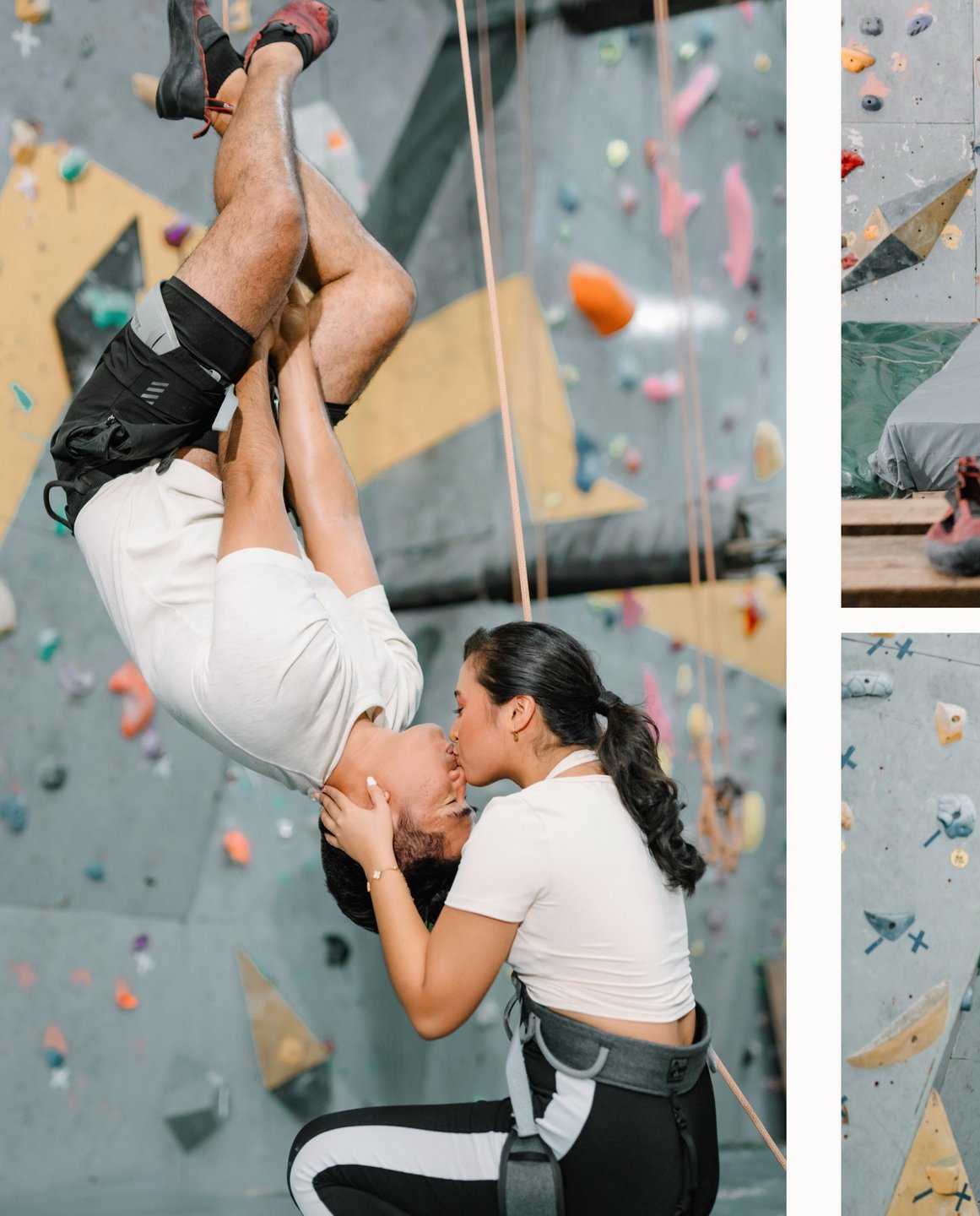 Couple kissing in front of an indoor climbing wall
