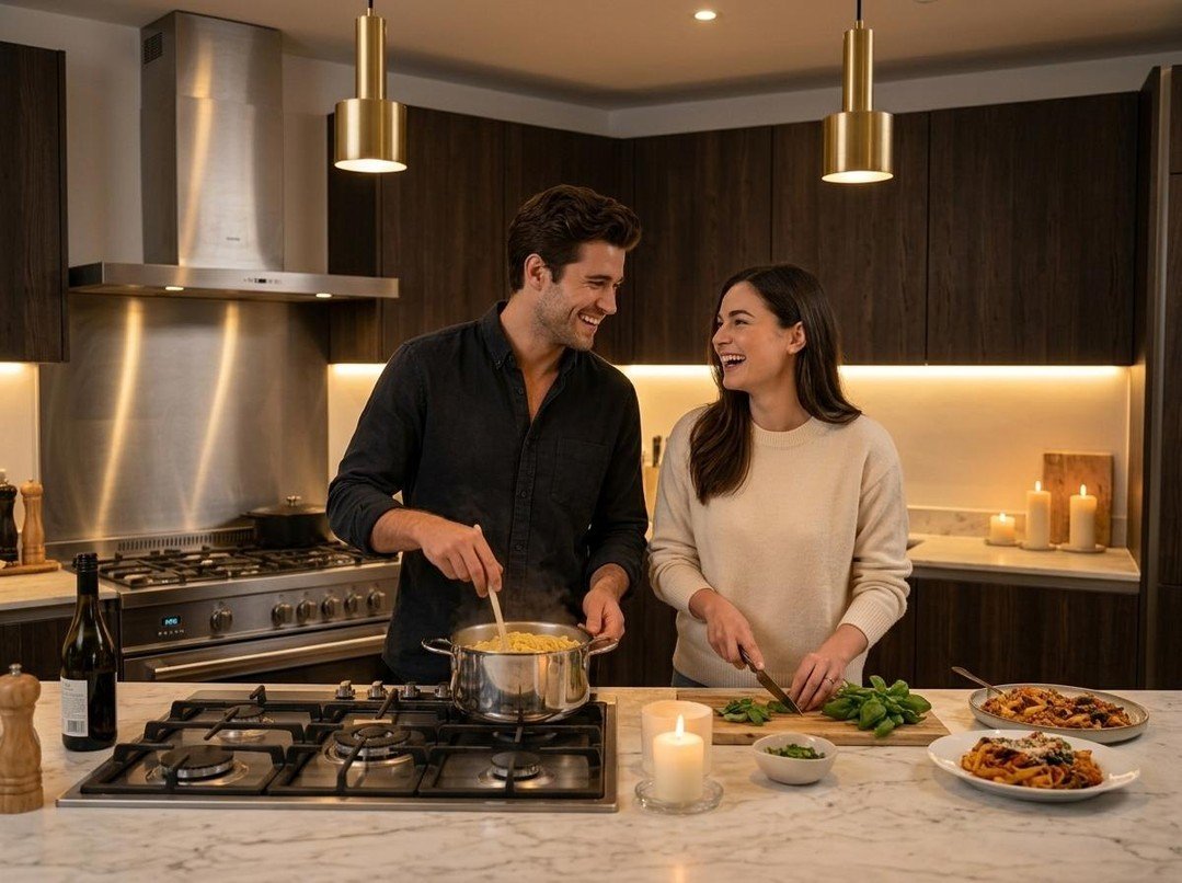 Couple cooking pasta together in a modern kitchen with candles on the counter