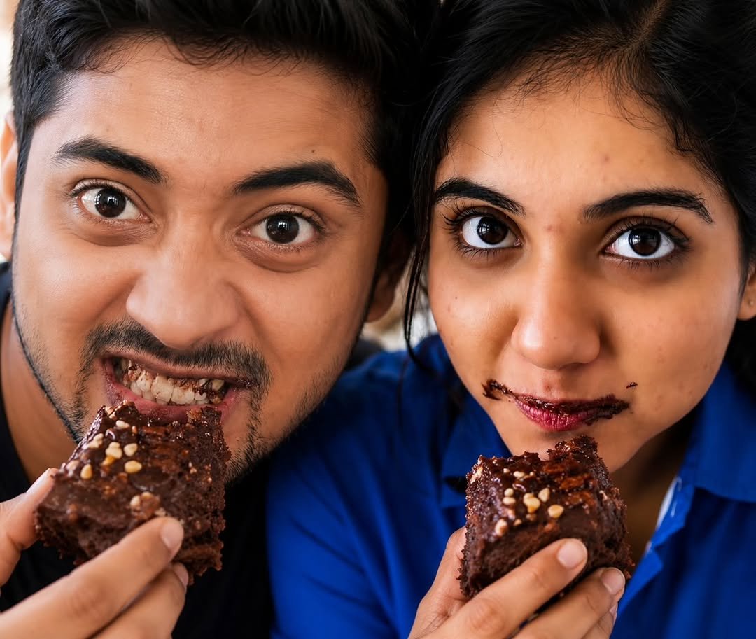 Couple sharing chocolate brownies with playful chocolate-smeared smiles
