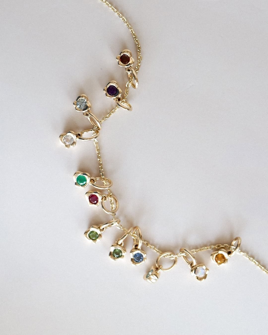 Birthstone charm necklace on white background