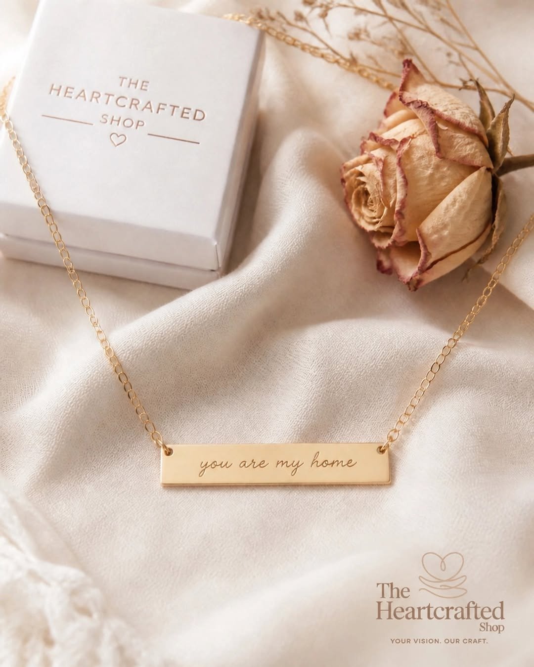 Engraved gold bar necklace with gift box