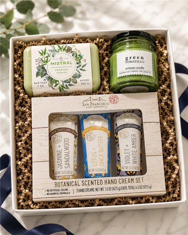 Spa gift box with candle, soap and hand cream