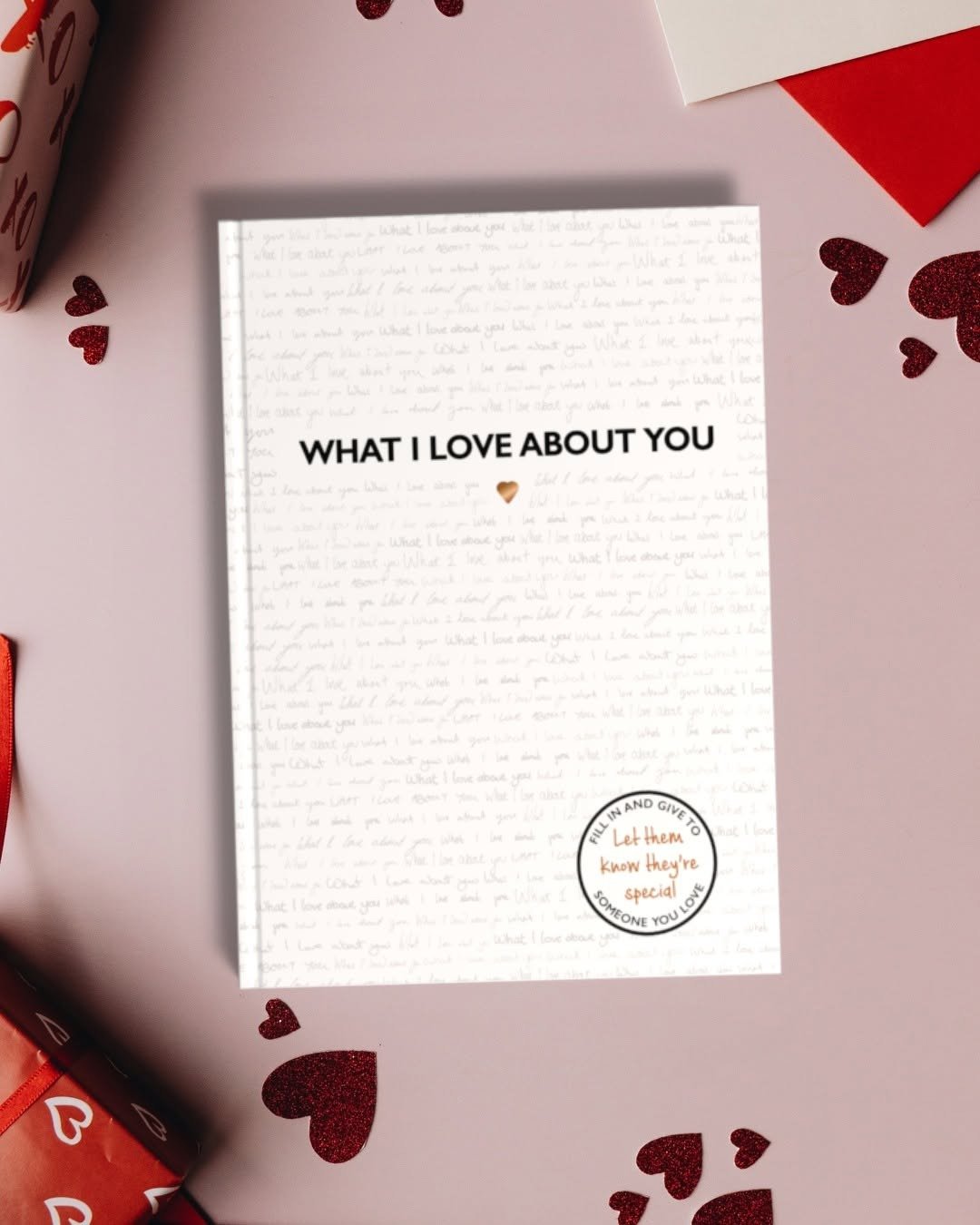 What I Love About You fill-in book with hearts