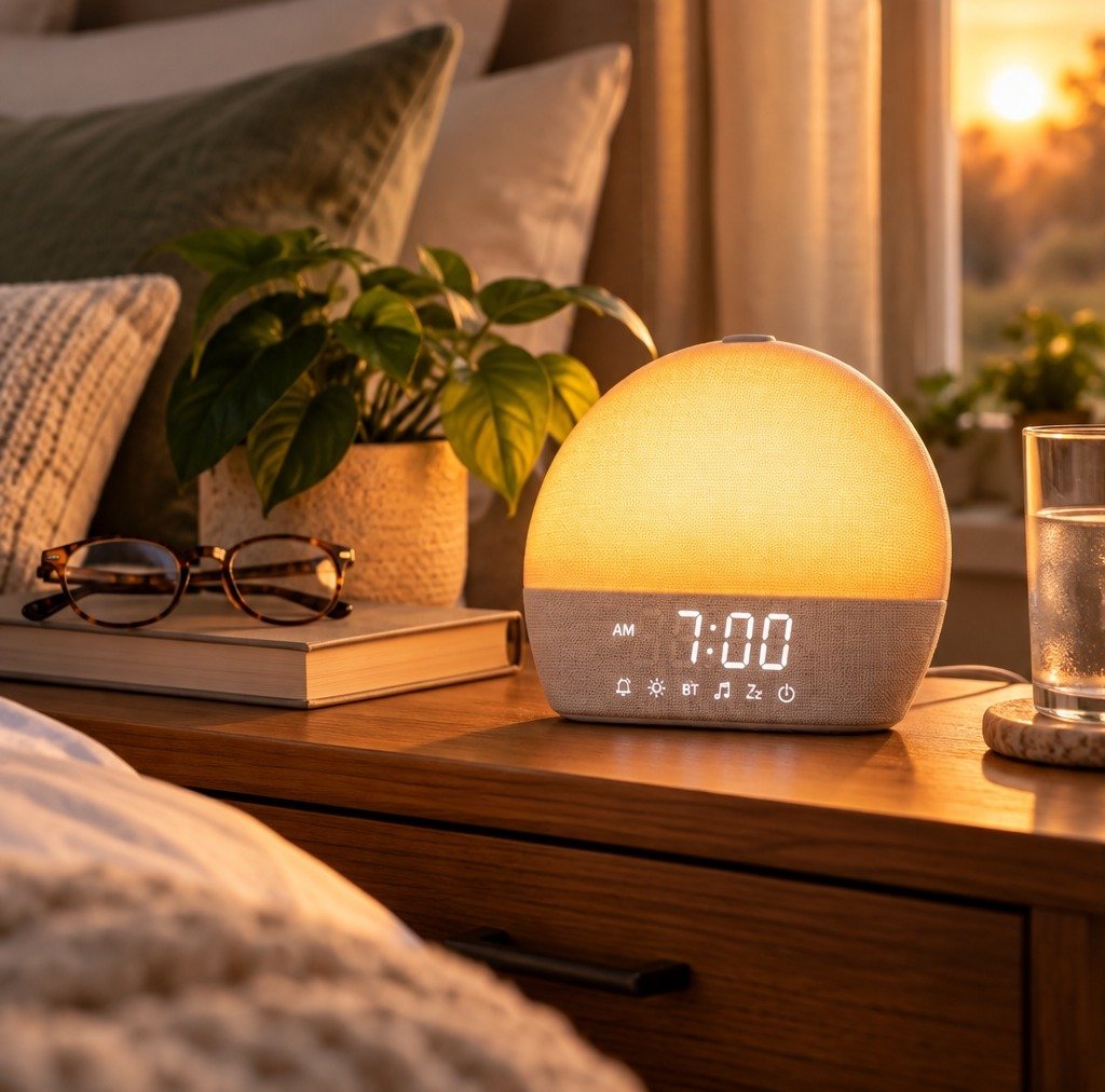 Sunrise alarm clock glowing on bedside table