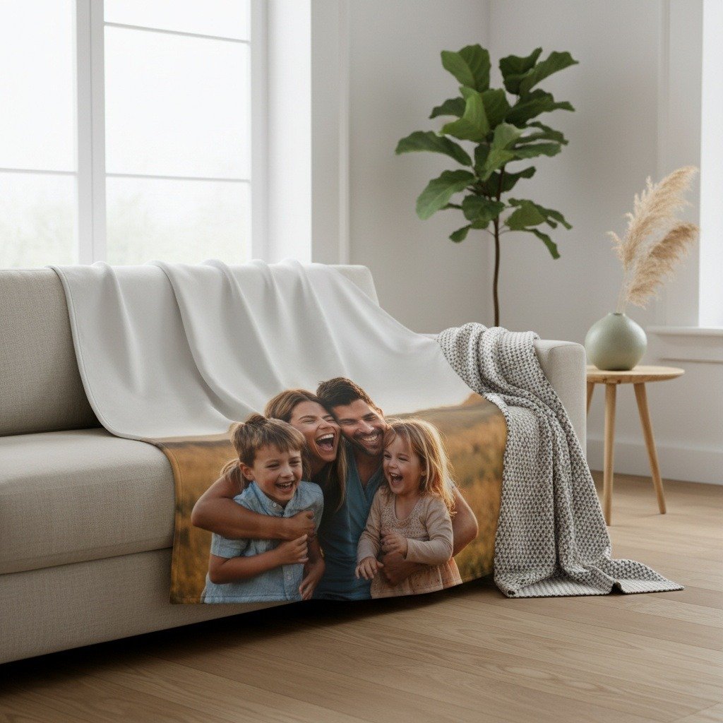 Photo blanket with couple print draped on sofa