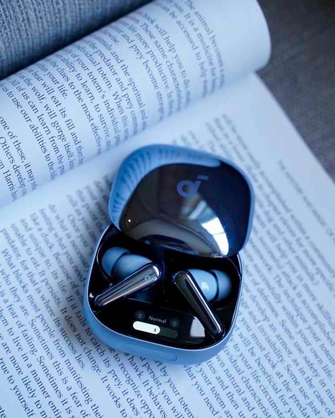 Open earbuds case with earbuds on a book