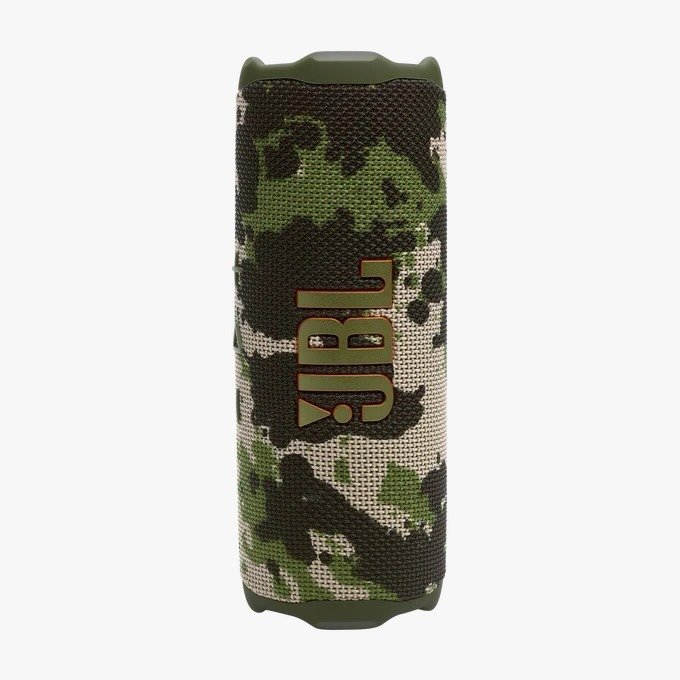 Camo JBL portable speaker on white background