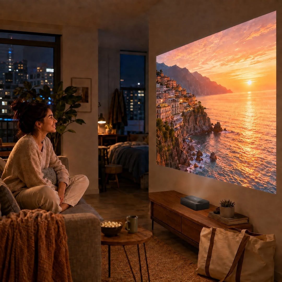 Woman watching big wall projection from mini projector