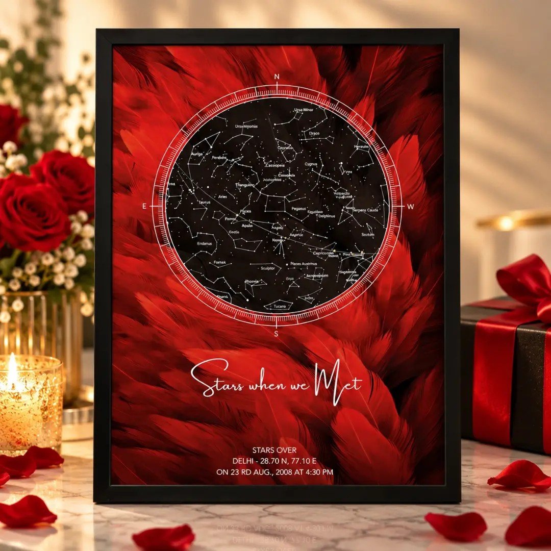 Framed star map print with roses and gift box
